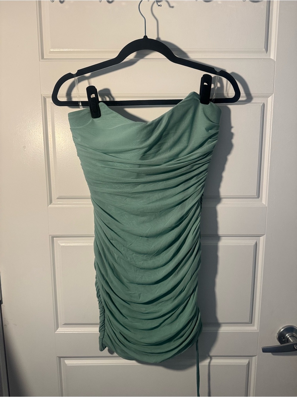 Oh Polly Strapless Ruched Mini Dress in Seafoam